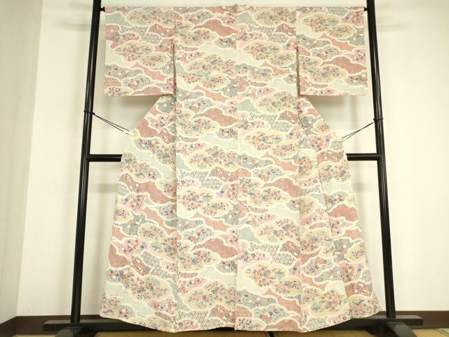 平和屋着物▽上質な小紋　単衣　創作民芸小紋　鳳凰風景花文　反端付き　正絹　逸品　DABE4983az