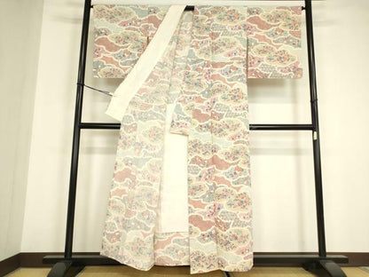 平和屋着物▽上質な小紋　単衣　創作民芸小紋　鳳凰風景花文　反端付き　正絹　逸品　DABE4983az