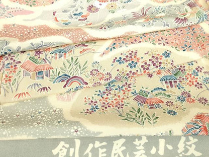 平和屋着物▽上質な小紋　単衣　創作民芸小紋　鳳凰風景花文　反端付き　正絹　逸品　DABE4983az