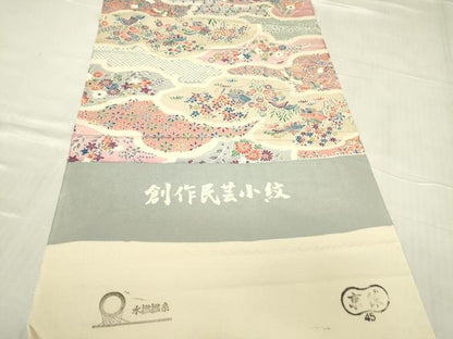 平和屋着物▽上質な小紋　単衣　創作民芸小紋　鳳凰風景花文　反端付き　正絹　逸品　DABE4983az