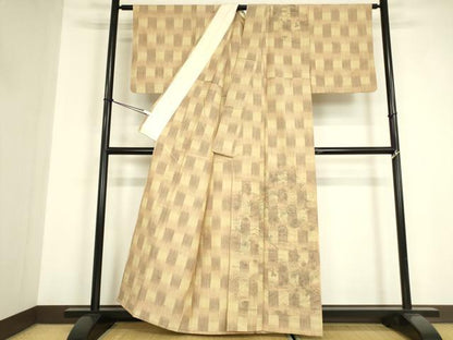 平和屋着物▽訪問着　紬地　単衣　籬花文　手描き　正絹　逸品　DABE4985az
