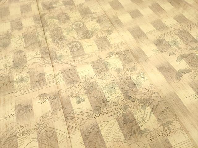 平和屋着物▽訪問着　紬地　単衣　籬花文　手描き　正絹　逸品　DABE4985az