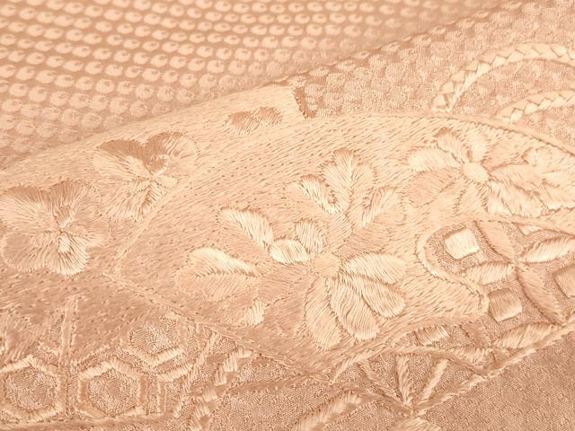 平和屋着物▽豪華色留袖　単衣　総刺繍　扇面花文　水柿色　正絹　逸品　DABE4986az