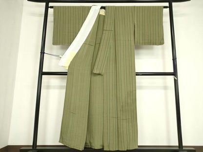 平和屋着物▽上質な小紋　単衣　縞　鬼しぼ縮緬　正絹　逸品　DABE4993az