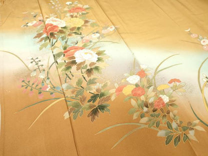 平和屋着物▽訪問着　単衣　牡丹文　暈し染め　金彩　正絹　逸品　DABE4998az