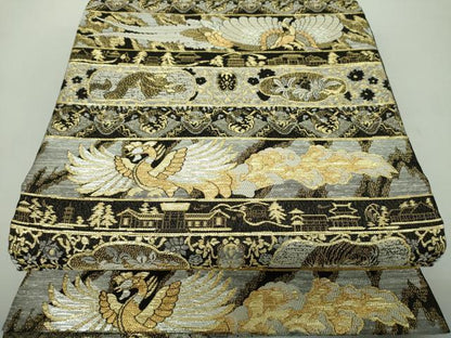 平和屋着物●両面　六通柄袋帯　作家物　横段鳳凰花文　飛龍　黒地　金銀糸　正絹　逸品　DABE5016ps
