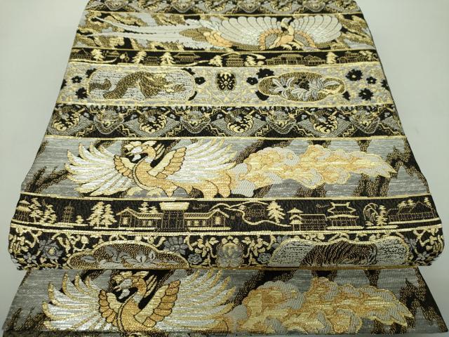 平和屋着物●両面　六通柄袋帯　作家物　横段鳳凰花文　飛龍　黒地　金銀糸　正絹　逸品　DABE5016ps
