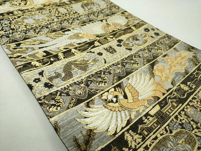 平和屋着物●両面　六通柄袋帯　作家物　横段鳳凰花文　飛龍　黒地　金銀糸　正絹　逸品　DABE5016ps