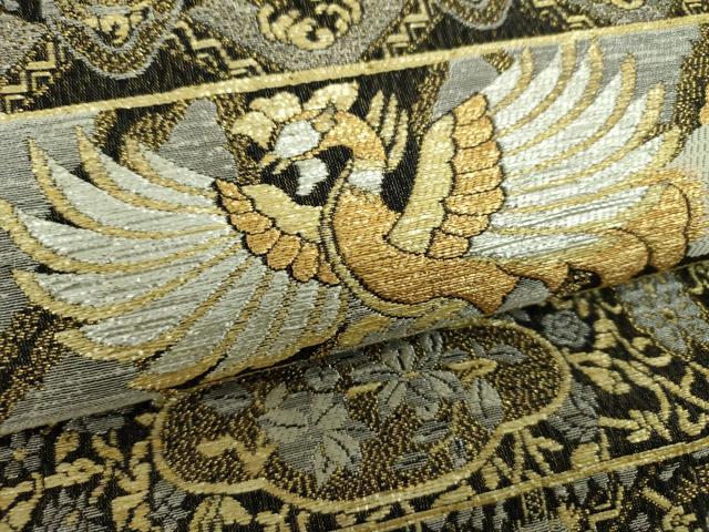 平和屋着物●両面　六通柄袋帯　作家物　横段鳳凰花文　飛龍　黒地　金銀糸　正絹　逸品　DABE5016ps