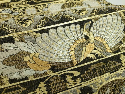 平和屋着物●両面　六通柄袋帯　作家物　横段鳳凰花文　飛龍　黒地　金銀糸　正絹　逸品　DABE5016ps