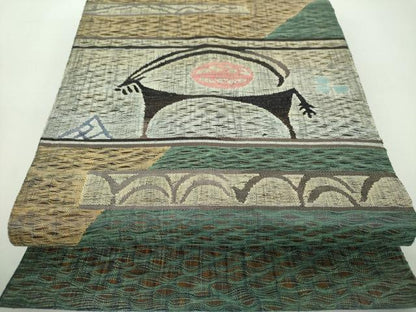 平和屋着物▽太鼓柄袋帯　スリーシーズン　春夏秋　すくい織　鳥獣文　正絹　逸品　DABE5038ps