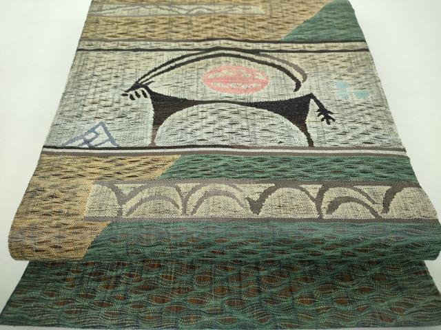 平和屋着物▽太鼓柄袋帯　スリーシーズン　春夏秋　すくい織　鳥獣文　正絹　逸品　DABE5038ps
