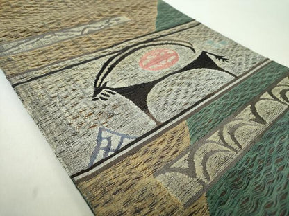 平和屋着物▽太鼓柄袋帯　スリーシーズン　春夏秋　すくい織　鳥獣文　正絹　逸品　DABE5038ps