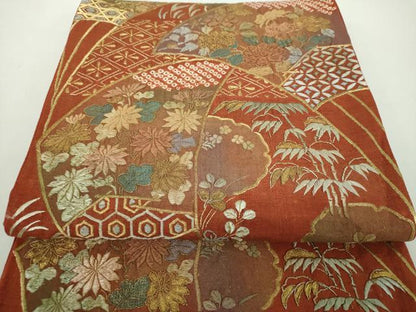 平和屋着物●中国三大刺繍　スワトウ相良刺繍　汕頭相良刺繍　総刺繍　袋帯　紬地　絞り　扇面花文　金糸　正絹　逸品　DABE5047ps