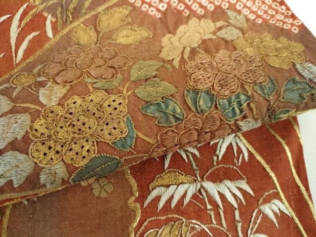 平和屋着物●中国三大刺繍　スワトウ相良刺繍　汕頭相良刺繍　総刺繍　袋帯　紬地　絞り　扇面花文　金糸　正絹　逸品　DABE5047ps