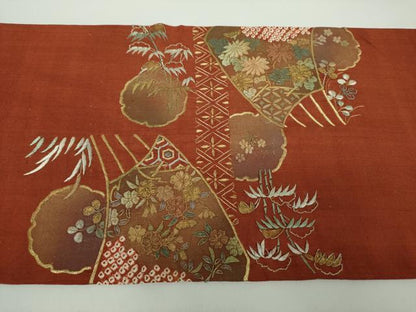 平和屋着物●中国三大刺繍　スワトウ相良刺繍　汕頭相良刺繍　総刺繍　袋帯　紬地　絞り　扇面花文　金糸　正絹　逸品　DABE5047ps