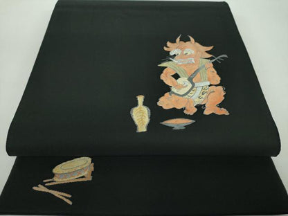 平和屋着物●太鼓柄袋帯　すくい織　大津絵　赤鬼　楽器　酒　黒地　三越扱い　正絹　逸品　DABE5050ps