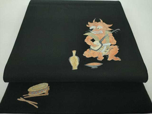 平和屋着物●太鼓柄袋帯　すくい織　大津絵　赤鬼　楽器　酒　黒地　三越扱い　正絹　逸品　DABE5050ps