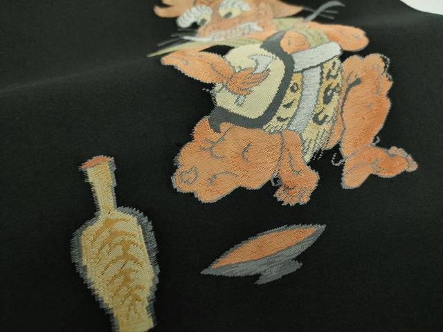 平和屋着物●太鼓柄袋帯　すくい織　大津絵　赤鬼　楽器　酒　黒地　三越扱い　正絹　逸品　DABE5050ps