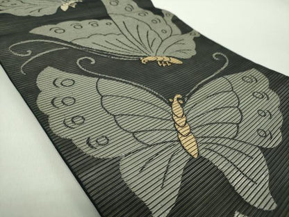 平和屋着物＊夏物 全通柄袋帯 舞蝶文 黒地 金銀糸 正絹 逸品 DABE5069ps