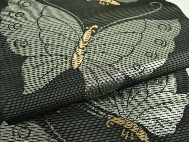 平和屋着物＊夏物 全通柄袋帯 舞蝶文 黒地 金銀糸 正絹 逸品 DABE5069ps