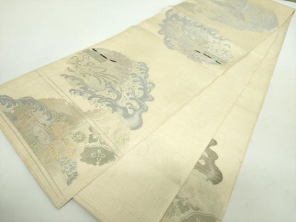 平和屋着物＊夏物 アンティーク 大正ロマン 丸帯 立波雪輪貝桶花文 銀糸 正絹 逸品 DABE5070ps