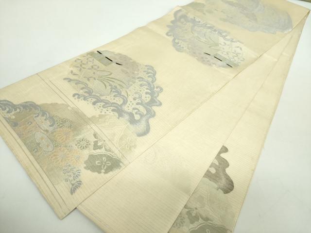 平和屋着物＊夏物 アンティーク 大正ロマン 丸帯 立波雪輪貝桶花文 銀糸 正絹 逸品 DABE5070ps