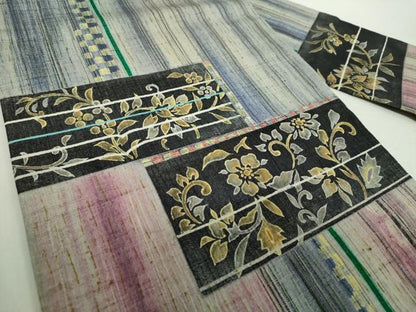 平和屋着物●九寸名古屋帯　紬地　作家物　横段花文　銀通し地　正絹　逸品　未使用　DABE5074ps