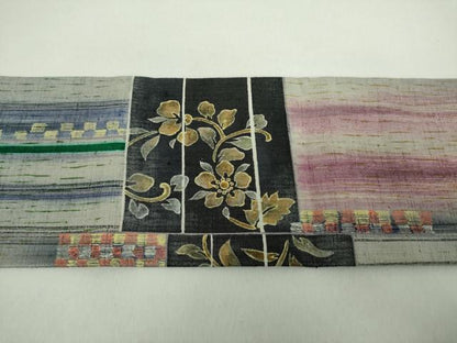 平和屋着物●九寸名古屋帯　紬地　作家物　横段花文　銀通し地　正絹　逸品　未使用　DABE5074ps