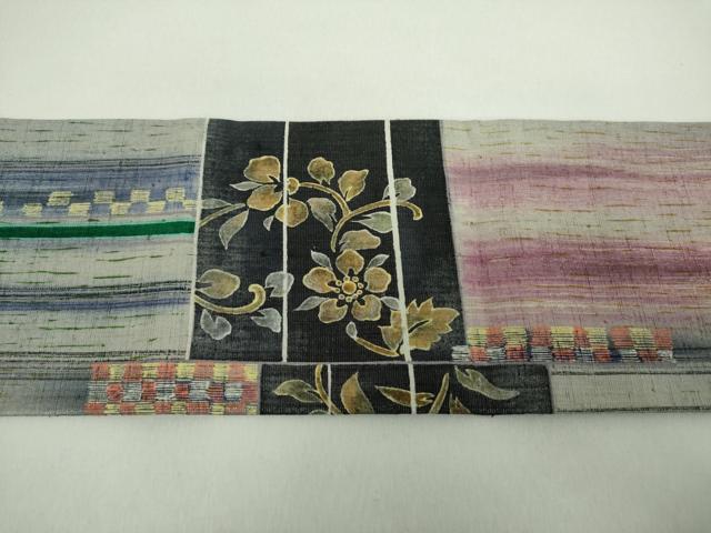 平和屋着物●九寸名古屋帯　紬地　作家物　横段花文　銀通し地　正絹　逸品　未使用　DABE5074ps