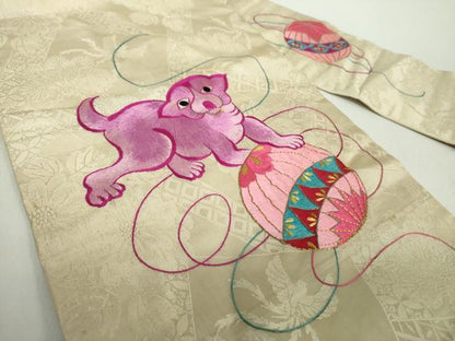 平和屋着物●アンティーク　大正ロマン　九寸名古屋帯　駒刺繍　総手刺繍　猫　手毬　金糸　正絹　逸品　DABE5075ps