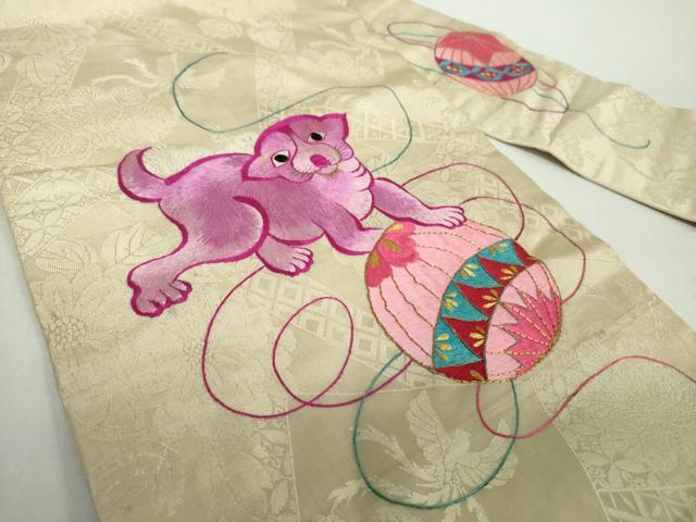 平和屋着物●アンティーク　大正ロマン　九寸名古屋帯　駒刺繍　総手刺繍　猫　手毬　金糸　正絹　逸品　DABE5075ps