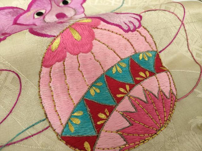 平和屋着物●アンティーク　大正ロマン　九寸名古屋帯　駒刺繍　総手刺繍　猫　手毬　金糸　正絹　逸品　DABE5075ps
