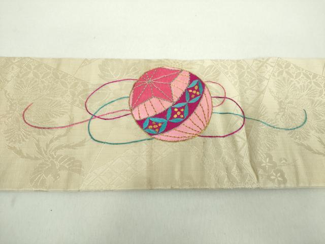 平和屋着物●アンティーク　大正ロマン　九寸名古屋帯　駒刺繍　総手刺繍　猫　手毬　金糸　正絹　逸品　DABE5075ps