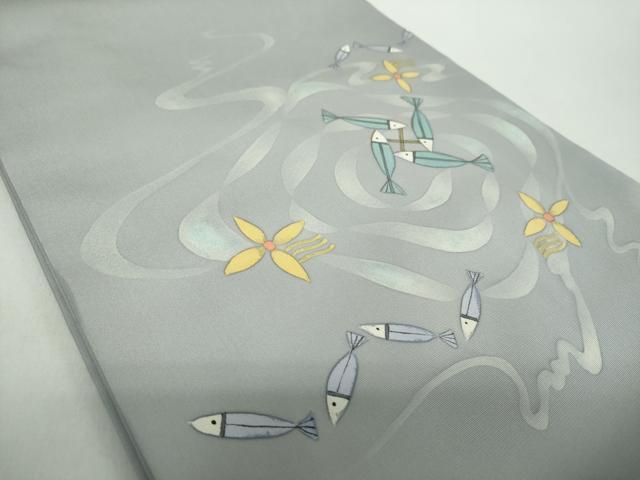 平和屋着物●塩瀬　九寸開き名古屋帯　ろうけつ染め　魚　正絹　逸品　DABE5078ps