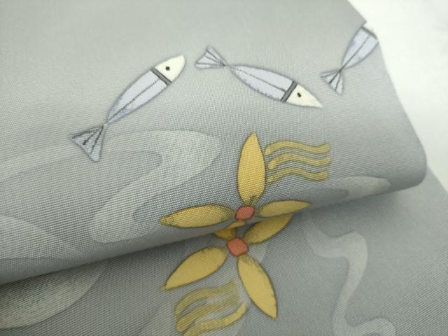 平和屋着物●塩瀬　九寸開き名古屋帯　ろうけつ染め　魚　正絹　逸品　DABE5078ps