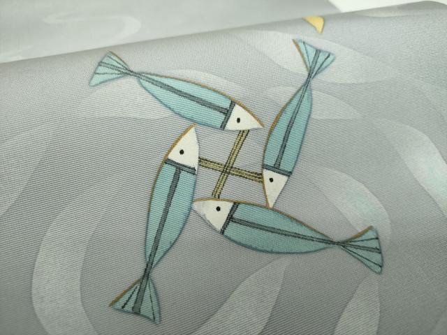 平和屋着物●塩瀬　九寸開き名古屋帯　ろうけつ染め　魚　正絹　逸品　DABE5078ps