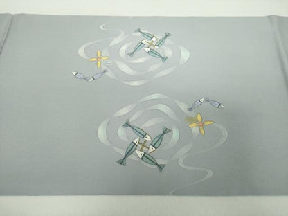 平和屋着物●塩瀬　九寸開き名古屋帯　ろうけつ染め　魚　正絹　逸品　DABE5078ps