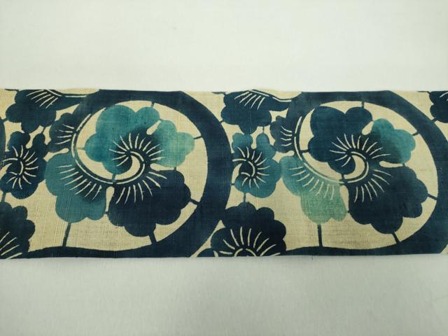 平和屋着物▽本藍　型絵染　九寸名古屋帯　スリーシーズン　春夏秋　生紬　唐草文　正絹　逸品　DABE5086ps