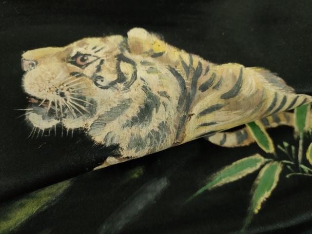 平和屋着物●アンティーク　大正ロマン　九寸名古屋帯　手描き　虎　猪　笹竹　黒地　正絹　逸品　DABE5087ps