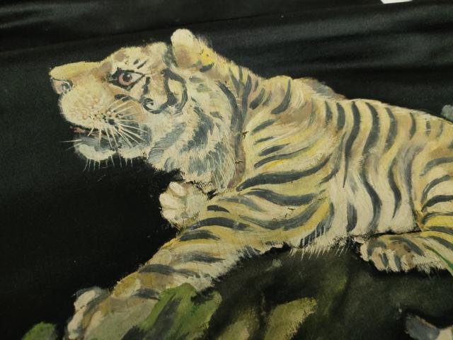 平和屋着物●アンティーク　大正ロマン　九寸名古屋帯　手描き　虎　猪　笹竹　黒地　正絹　逸品　DABE5087ps
