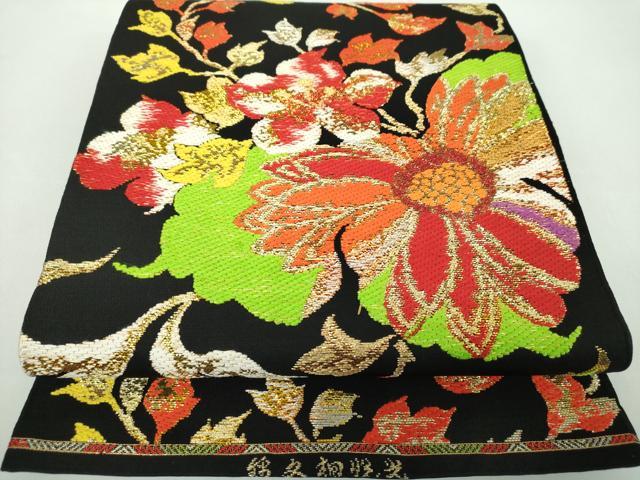 平和屋着物●六通柄　本袋帯　光悦桐文錦　黒地　金糸　正絹　逸品　DABE5089ps