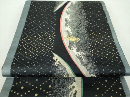 平和屋着物●六通柄袋帯　作家物　立波　蟹　黒地　金銀糸　正絹　逸品　DABE5090ps