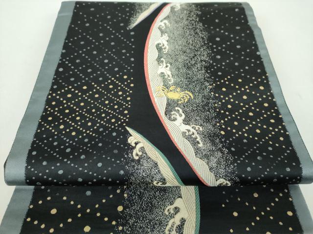 平和屋着物●六通柄袋帯　作家物　立波　蟹　黒地　金銀糸　正絹　逸品　DABE5090ps