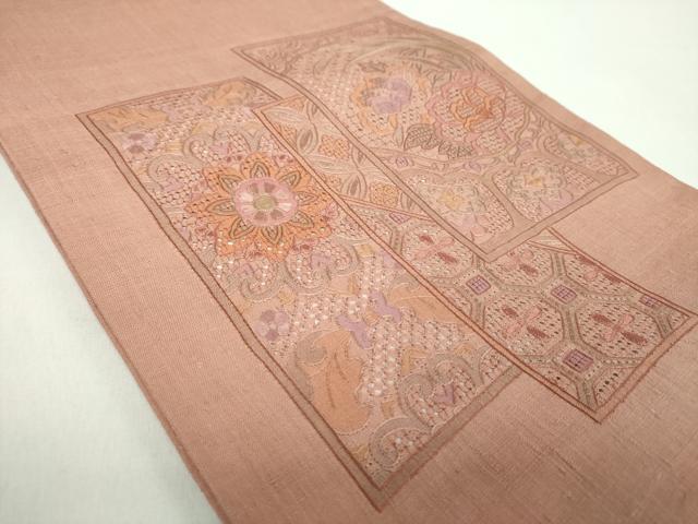 平和屋着物●中国三大刺繍　スワトウ刺繍　汕頭刺繍　総刺繍　太鼓柄袋帯　紬地　絽刺し　色紙重ね花文　正絹　逸品　DABE5095ps