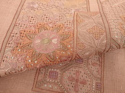 平和屋着物●中国三大刺繍　スワトウ刺繍　汕頭刺繍　総刺繍　太鼓柄袋帯　紬地　絽刺し　色紙重ね花文　正絹　逸品　DABE5095ps