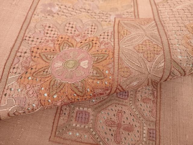 平和屋着物●中国三大刺繍　スワトウ刺繍　汕頭刺繍　総刺繍　太鼓柄袋帯　紬地　絽刺し　色紙重ね花文　正絹　逸品　DABE5095ps