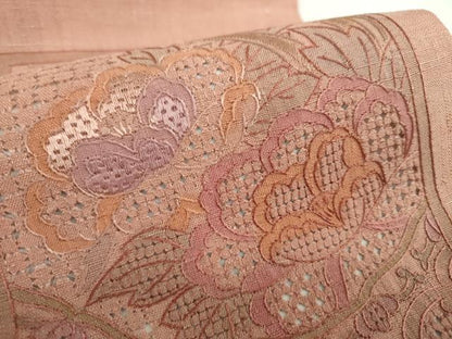 平和屋着物●中国三大刺繍　スワトウ刺繍　汕頭刺繍　総刺繍　太鼓柄袋帯　紬地　絽刺し　色紙重ね花文　正絹　逸品　DABE5095ps