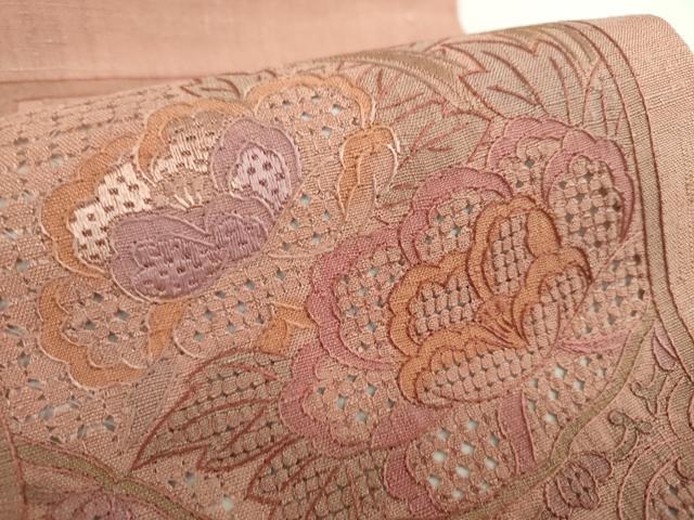 平和屋着物●中国三大刺繍　スワトウ刺繍　汕頭刺繍　総刺繍　太鼓柄袋帯　紬地　絽刺し　色紙重ね花文　正絹　逸品　DABE5095ps