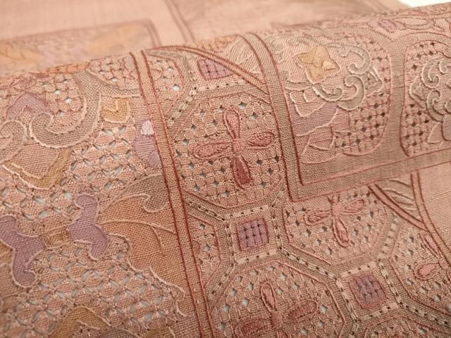 平和屋着物●中国三大刺繍　スワトウ刺繍　汕頭刺繍　総刺繍　太鼓柄袋帯　紬地　絽刺し　色紙重ね花文　正絹　逸品　DABE5095ps
